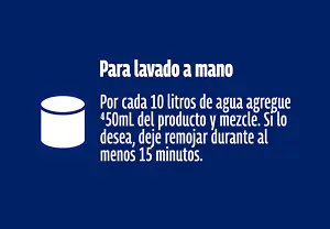 Imagen con indicación para lavar a mano: 10 litros de agua con 50ml durante 15 minutos